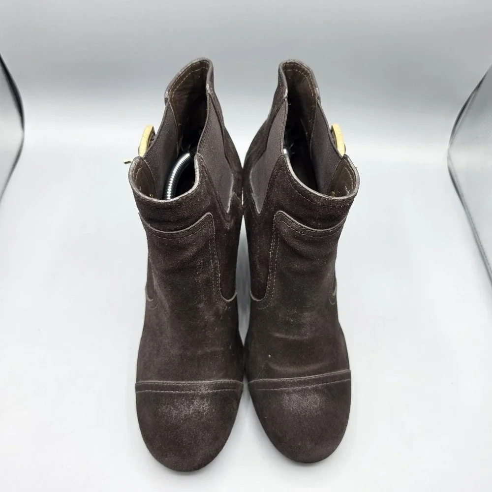 Tory Burch Deanna Booties‎ Womens 10.5 Brown Suede Distressed Wedge Buckles